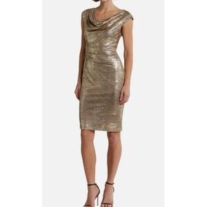 Vince‎ Camuto Metallic Gold Ruched Cowl Neck Sheath Dress Size 12 Cocktail Party